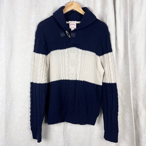 Brooks Brothers virgin wool wide rugby stripe shawl collar cable knit sweater L - Picture 1 of 7